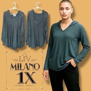 LIV Milano Hoodie Sweater Teal Embellished Pullover V-neck Women’s Plus Size 1X